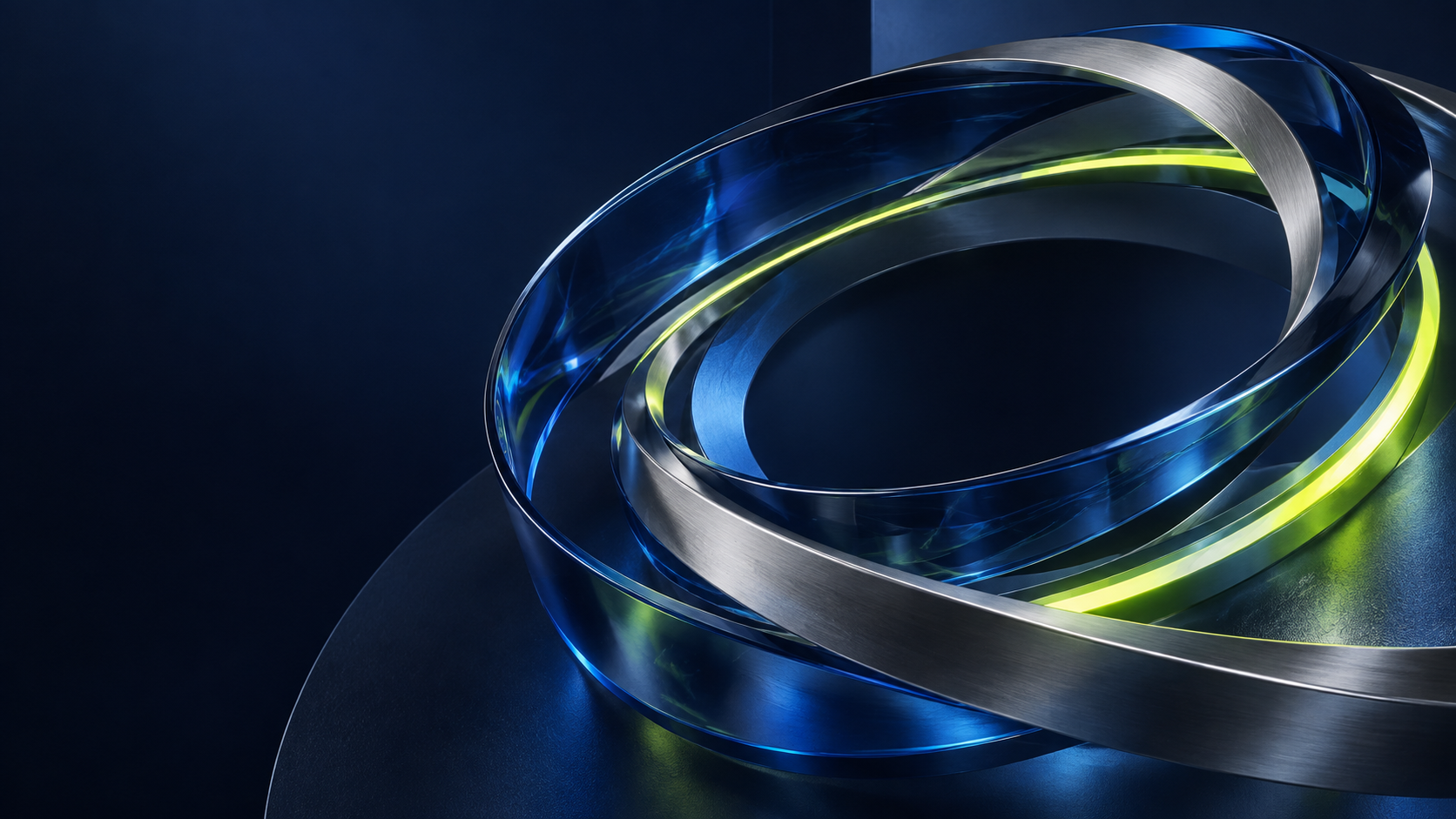 Abstract glass and metal rings illuminated in blue and lime